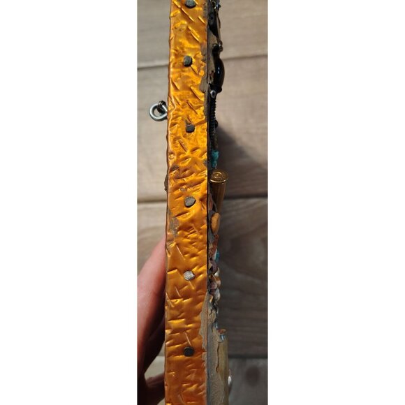 Mixed Media Steampink Mirror Wall Art, Coins, Beads, Pottery Copper Nailed Trim - Picture 9 of 10